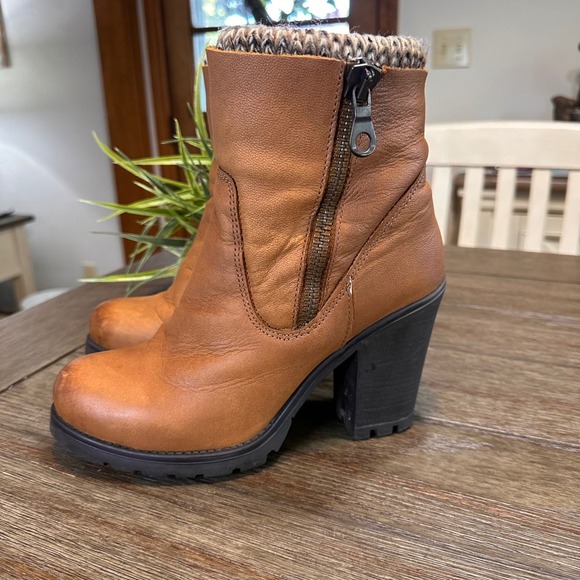 Steve Madden Cognac Knit Cuff Leather Boots Side Zip Stacked Heel Womens 8.5M - Picture 4 of 15